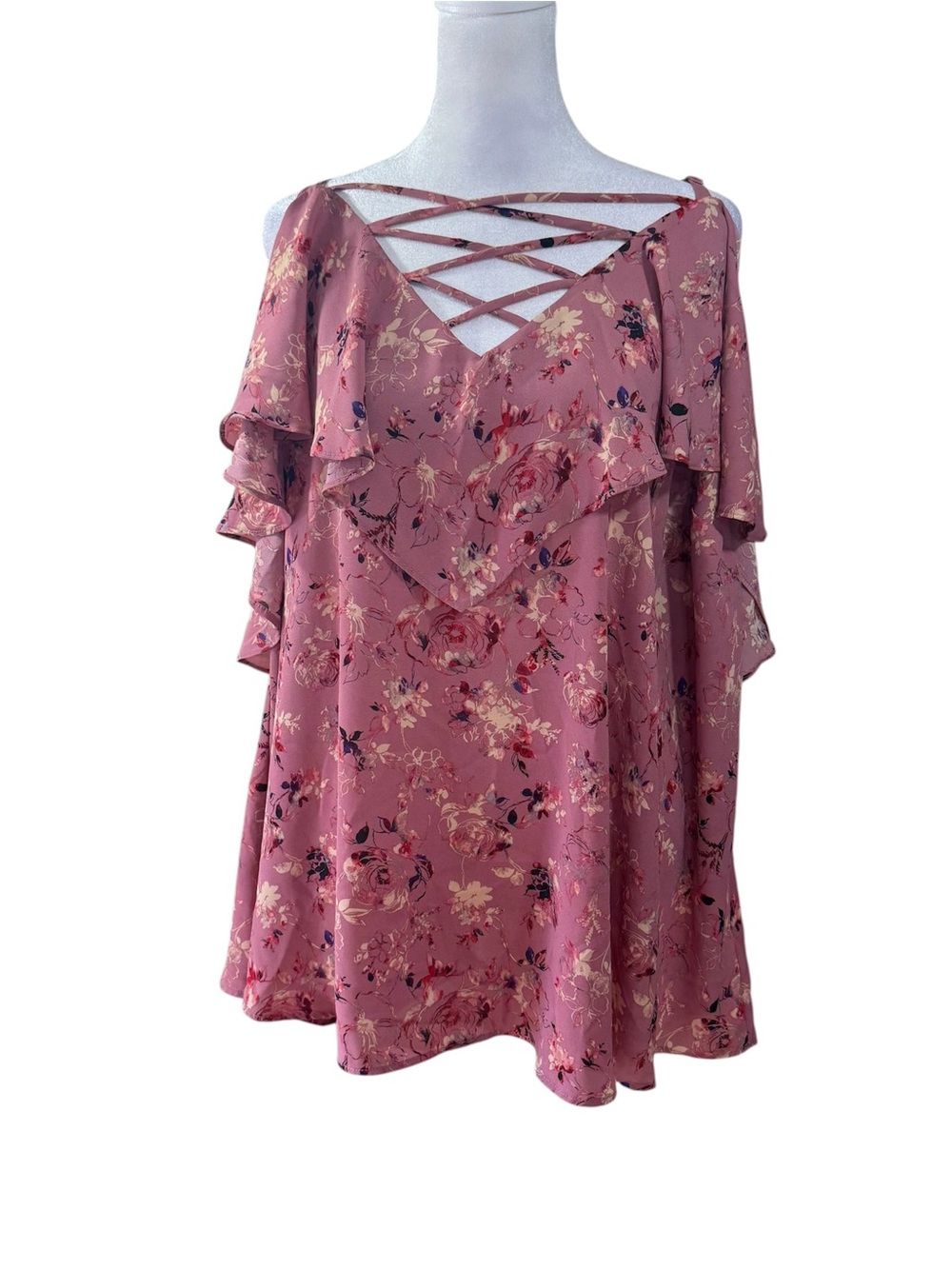 Womens Torrid Cold Shoulder Pink Floral Blouse Plus Size 3 Lace V Neck